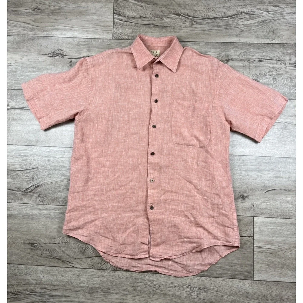 Jos A Bank Shirt Men's Medium Linen & Modal Blend Pink & Turquoise Short Sleeve